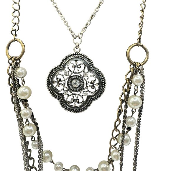 Multi-Layer Pendant Necklace With Faux Pearls & Metal Chains - Picture 2 of 7